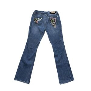 ROCAWEAR Low-Rise Floral Embroidered Patches Bootcut Blue Jeans Size 7 Y2K VTG